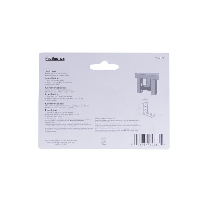 ProSource CB-G025-C4PS Corner Brace, 2-1/2 in L, 2-1/2 in W, 5/8 in H, Galvanized Steel, Galvanized, 2 mm Thick Material